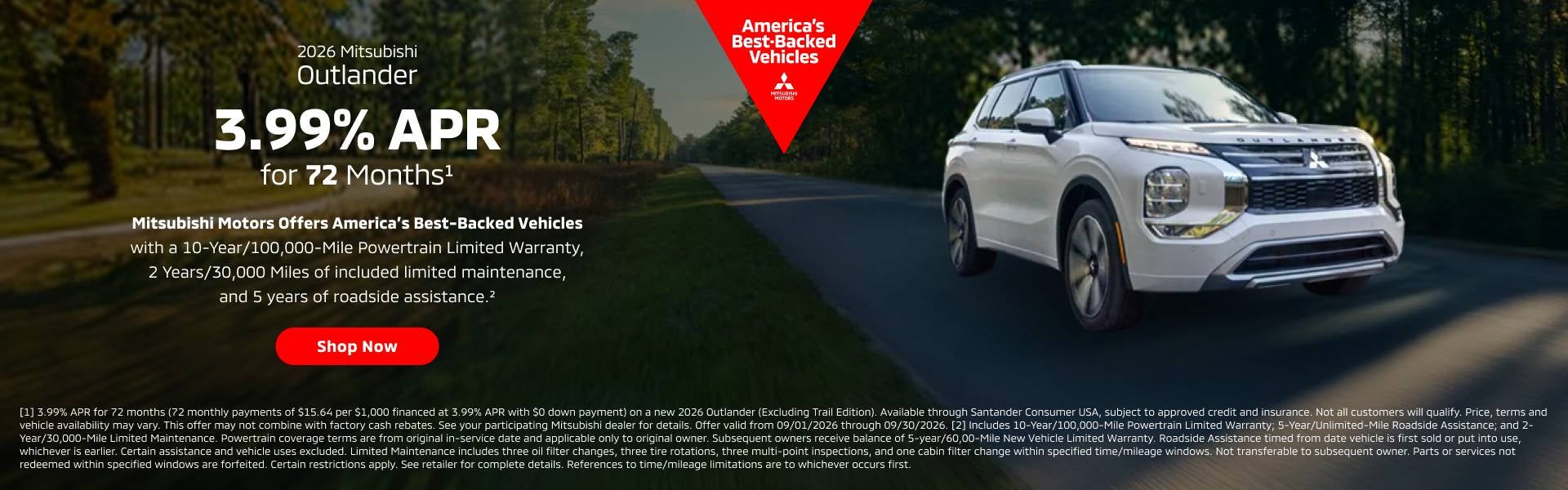 2026 Mitsubishi Outlander 3.99% APR for 72 Months